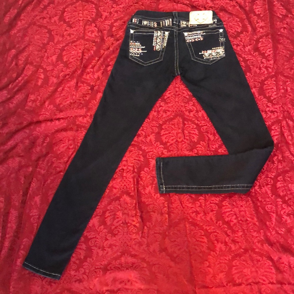 Miss Me Sz 25 straight fit embellished jeans dark wash w/factory wiskering EUC